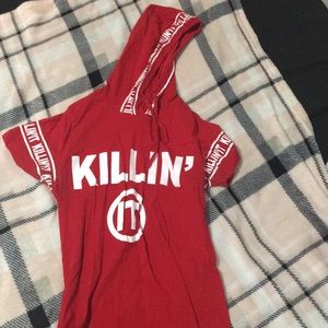 Red and white short sleeve shirt with hoodie